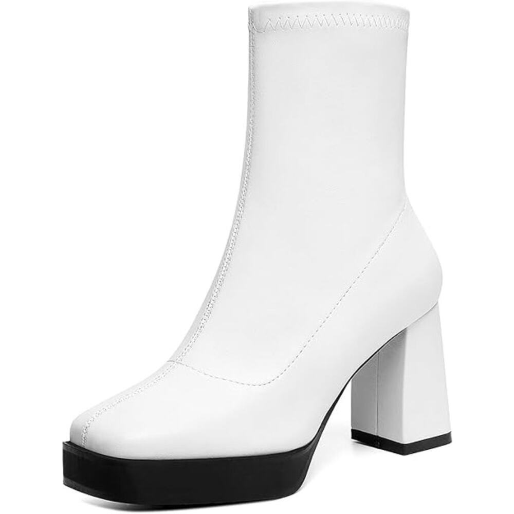 White Women's Block Heel Sock Boot